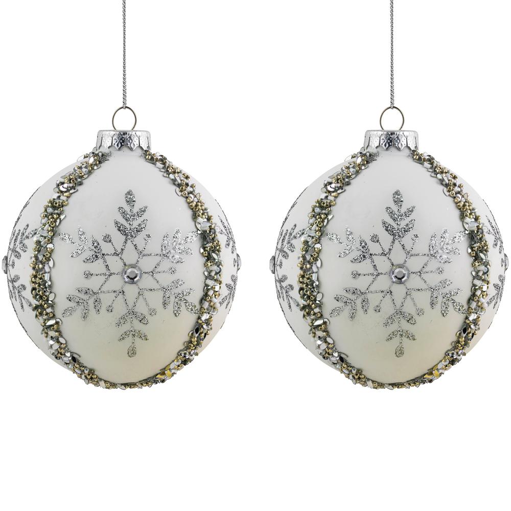 Set of 2 Matte White Sequin Glitter Snowflake Glass Christmas Ornaments 4". Picture 1