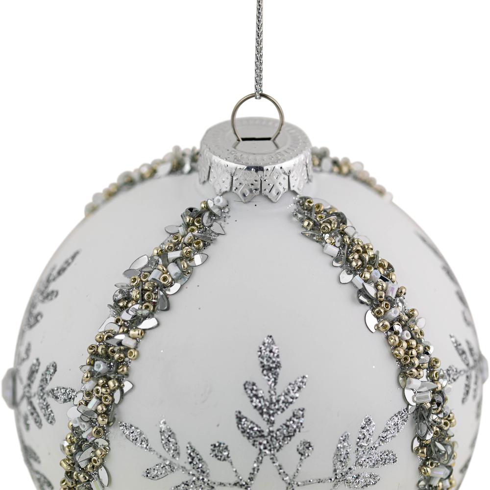 Set of 2 Matte White Sequin Glitter Snowflake Glass Christmas Ornaments 4". Picture 4