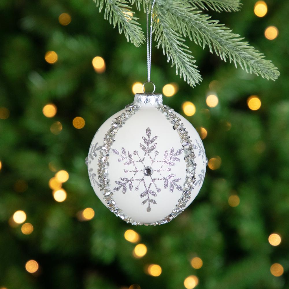 Set of 2 Matte White Sequin Glitter Snowflake Glass Christmas Ornaments 4". Picture 2