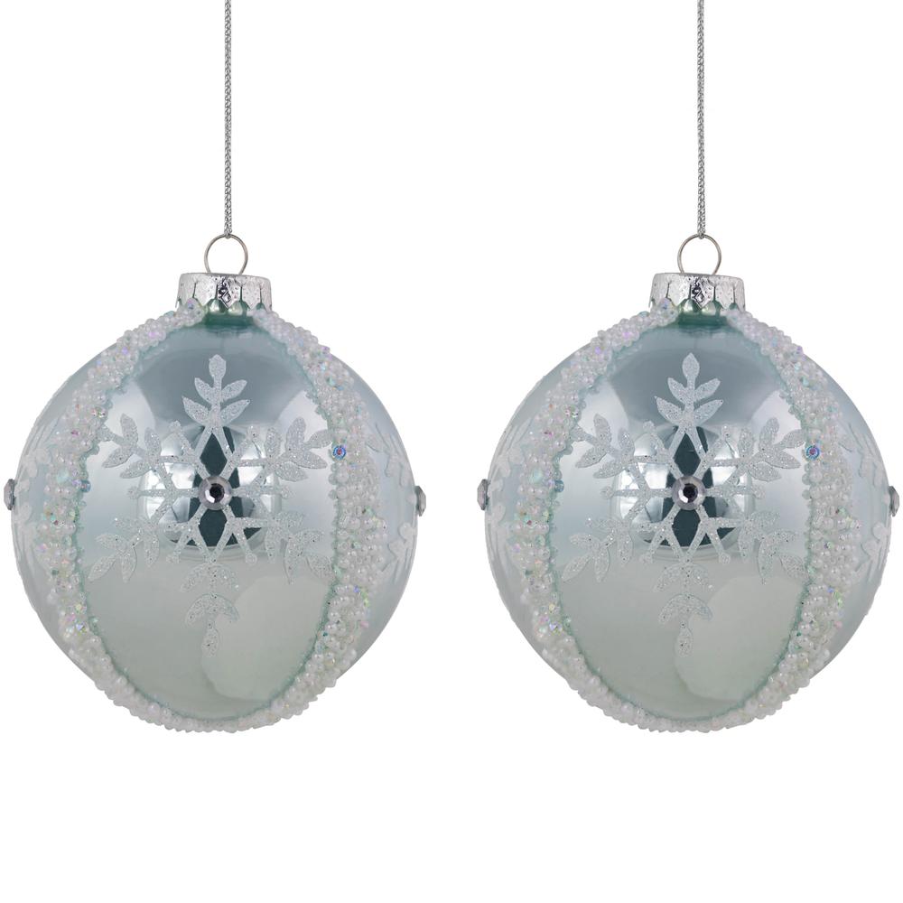 Set of 2 Blue Glittered and Beaded Snowflake Glass Christmas Ball Ornaments 4". Picture 1