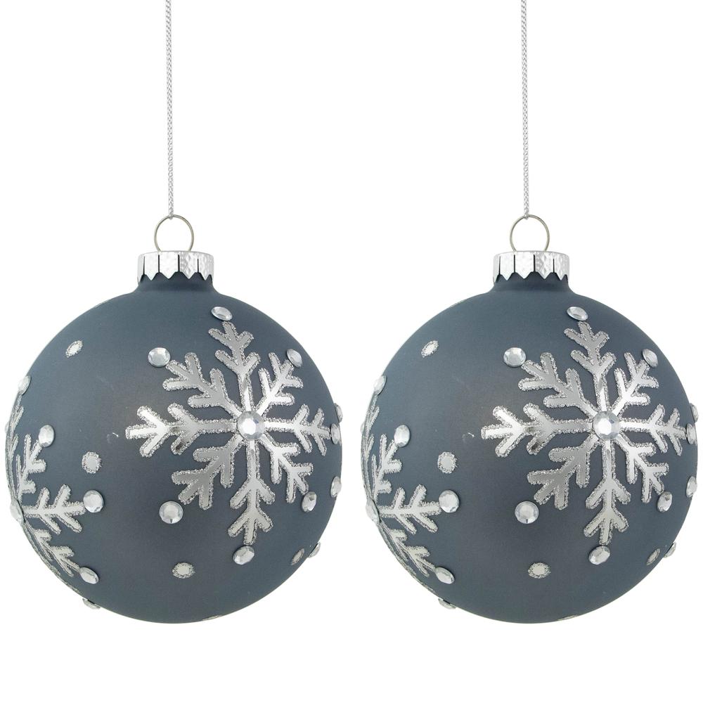 Set of 2 Slate Blue Jeweled Snowflake Glass Christmas Ball Ornaments. Picture 1