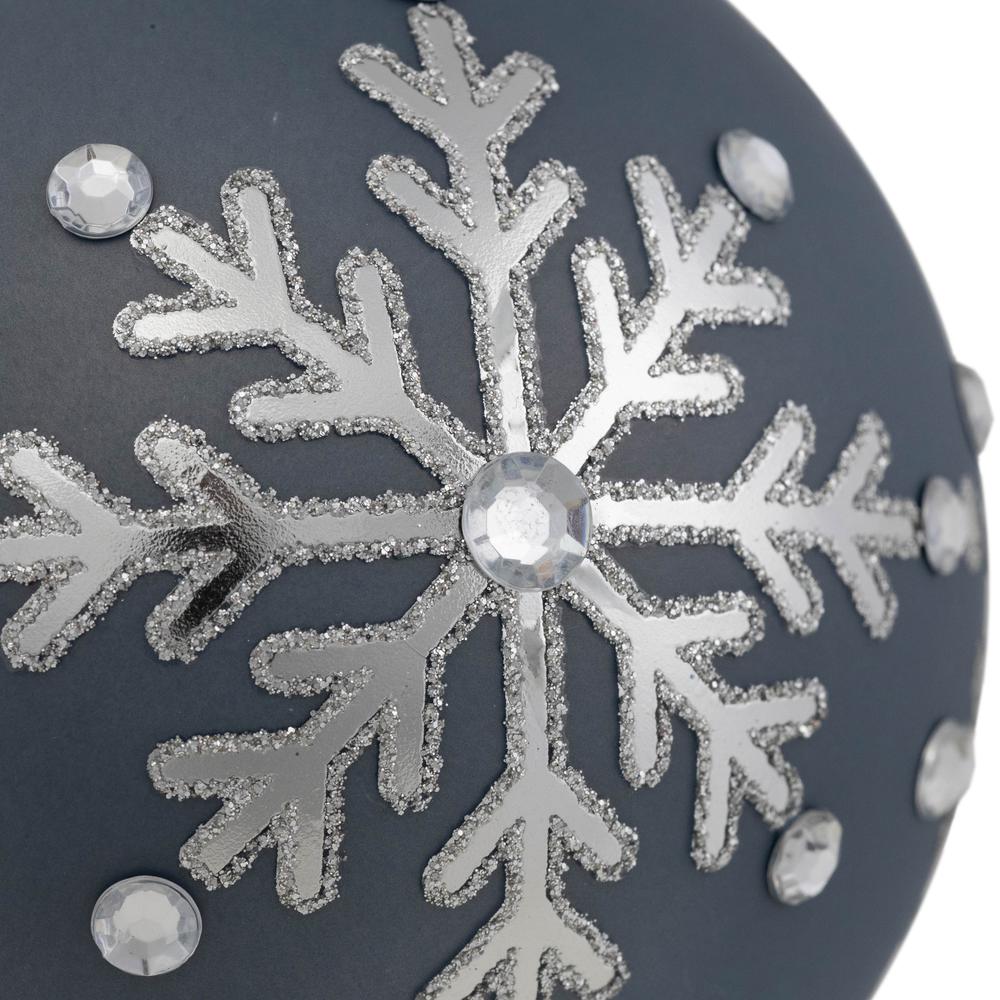 Set of 2 Slate Blue Jeweled Snowflake Glass Christmas Ball Ornaments. Picture 3