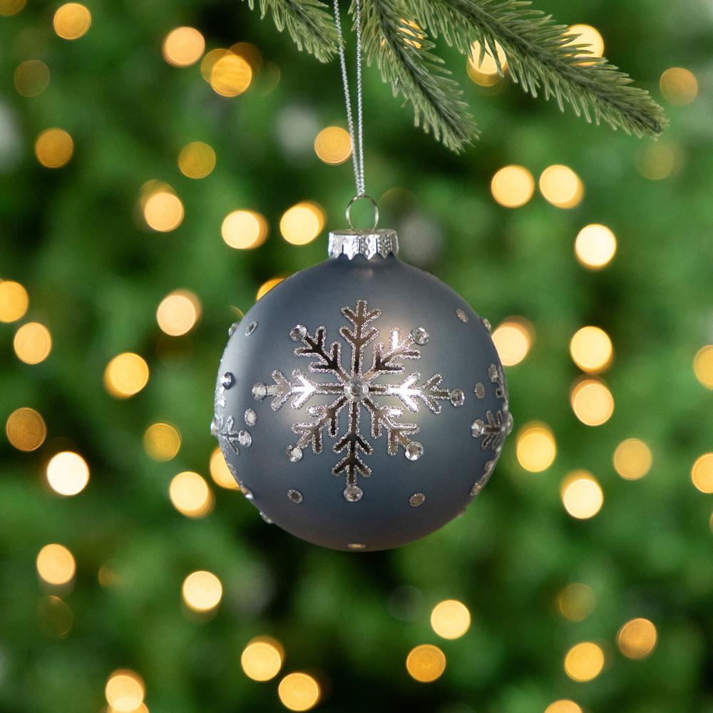 Set of 2 Slate Blue Jeweled Snowflake Glass Christmas Ball Ornaments. Picture 2
