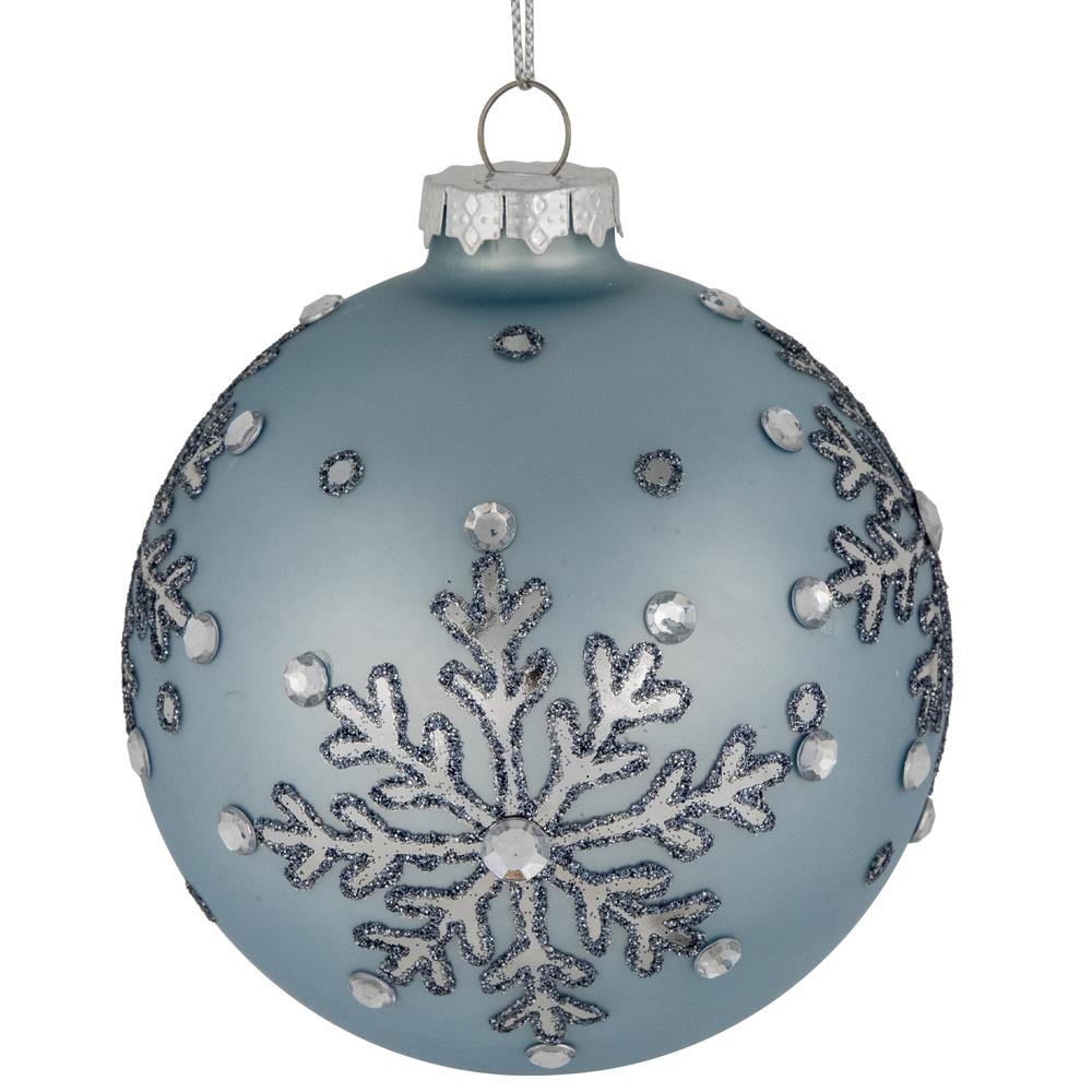 Set of 2 Light Blue Jeweled Snowflakes Glass Christmas Ball Ornaments 4". Picture 1