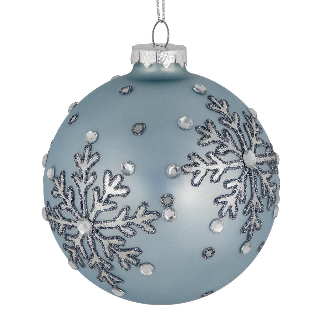Set of 2 Light Blue Jeweled Snowflakes Glass Christmas Ball Ornaments 4". Picture 3