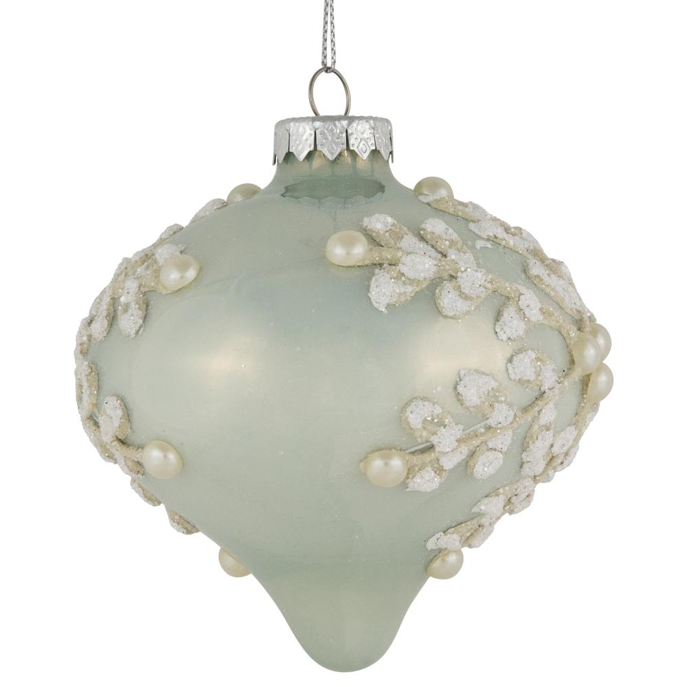 Set of 2 Pastel Green with Icy Snowflakes Christmas Glass Onion Ornaments 4". Picture 7