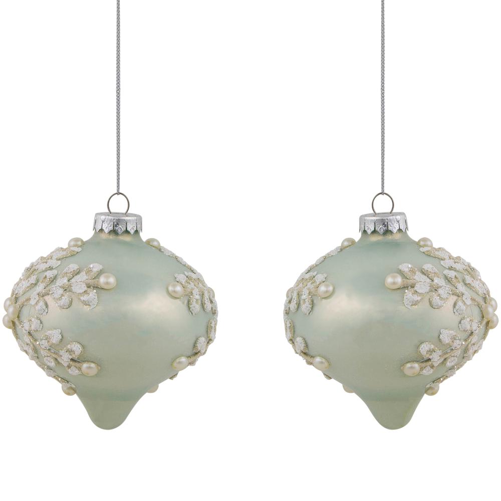 Set of 2 Pastel Green with Icy Snowflakes Christmas Glass Onion Ornaments 4". Picture 1