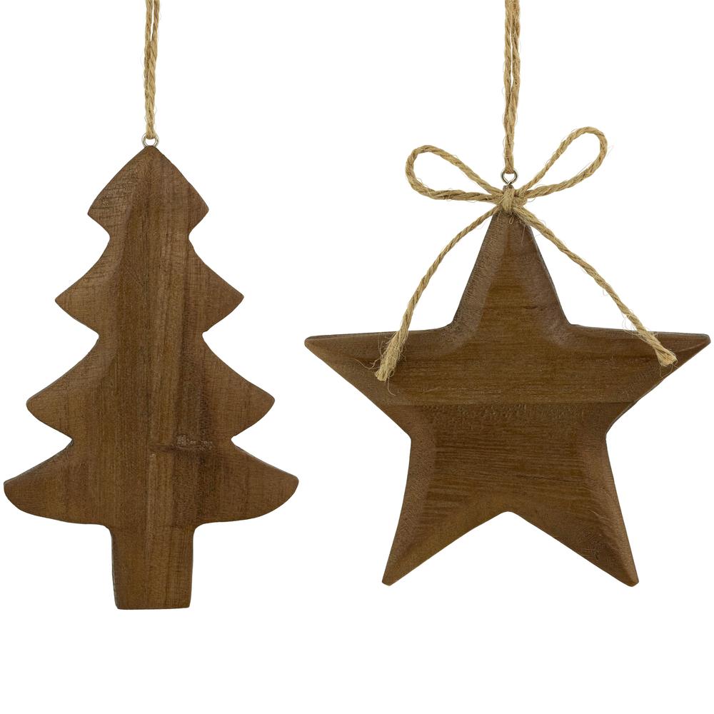 Set of 2 Tree and Star Wooden Christmas Ornaments 5". Picture 1