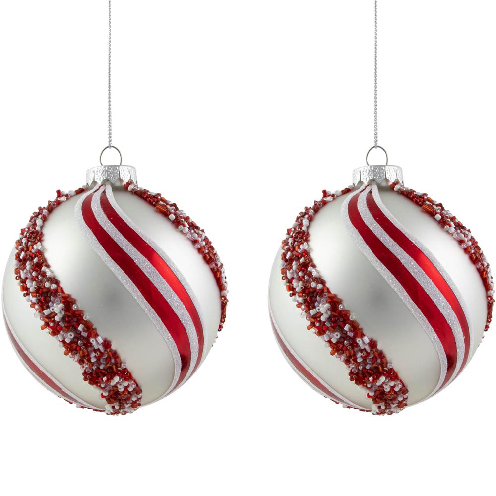 Set of 2 Multi Glitter and Beads Striped Glass Christmas Ball Ornaments 4". Picture 1