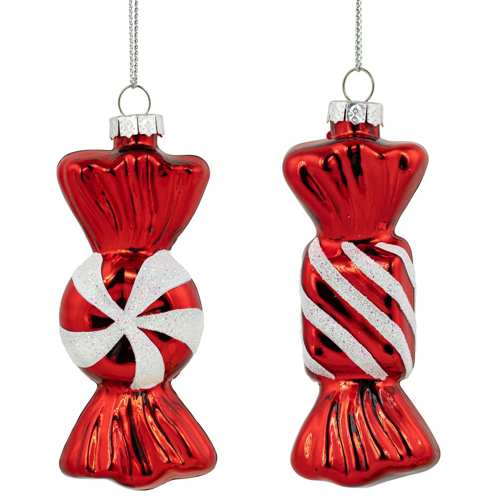 Set of 2 Shiny Red and White Glittered Candy Christmas Glass Ornaments 4". Picture 1