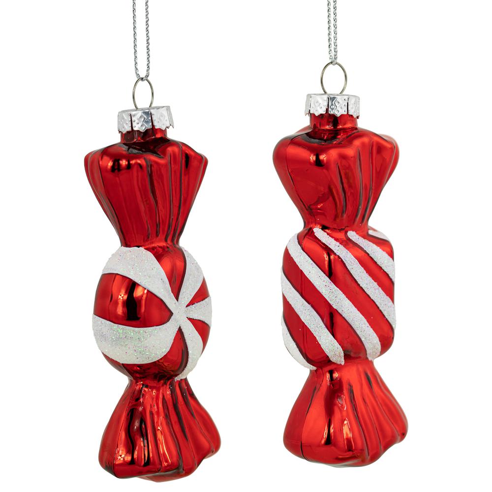 Set of 2 Shiny Red and White Glittered Candy Christmas Glass Ornaments 4". Picture 3