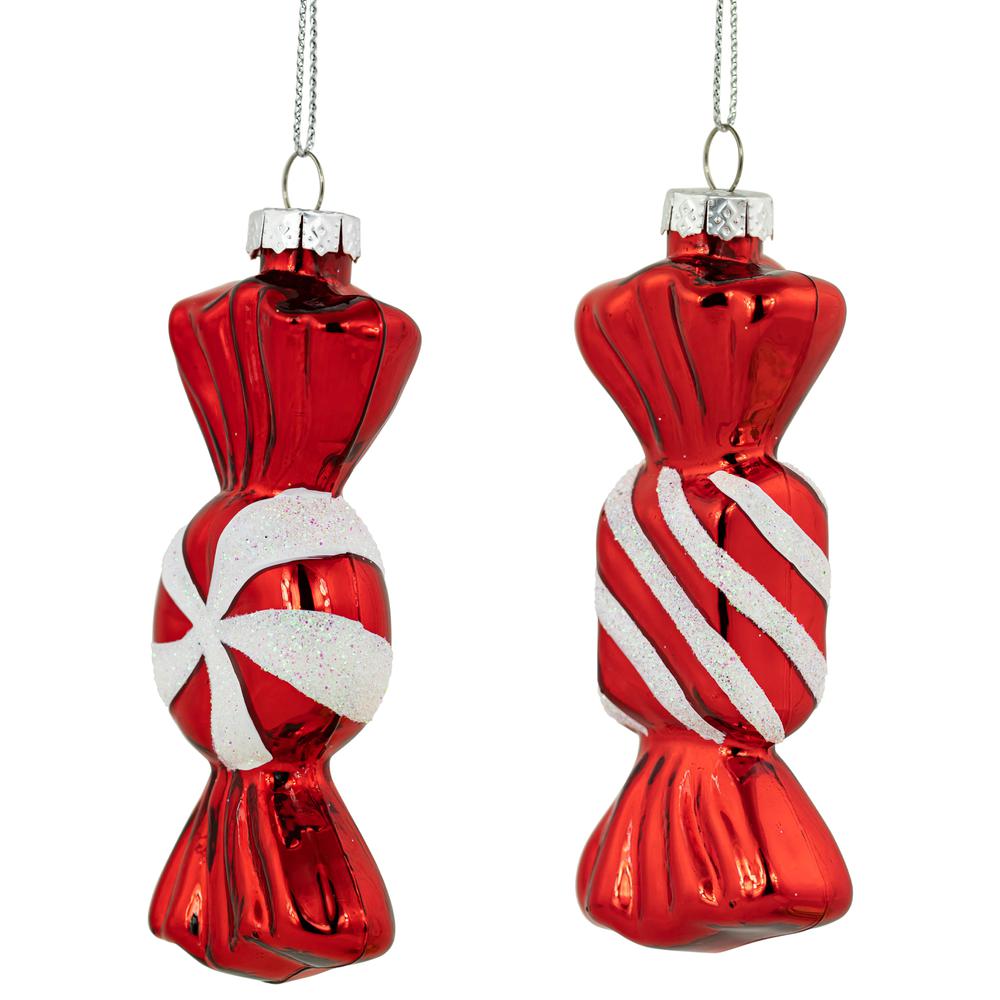 Set of 2 Shiny Red and White Glittered Candy Christmas Glass Ornaments 4". Picture 4