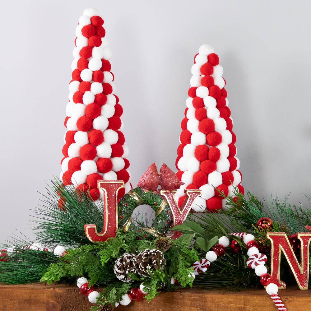 13" White and Red Pom Pom Tree Christmas Table Decoration. Picture 2