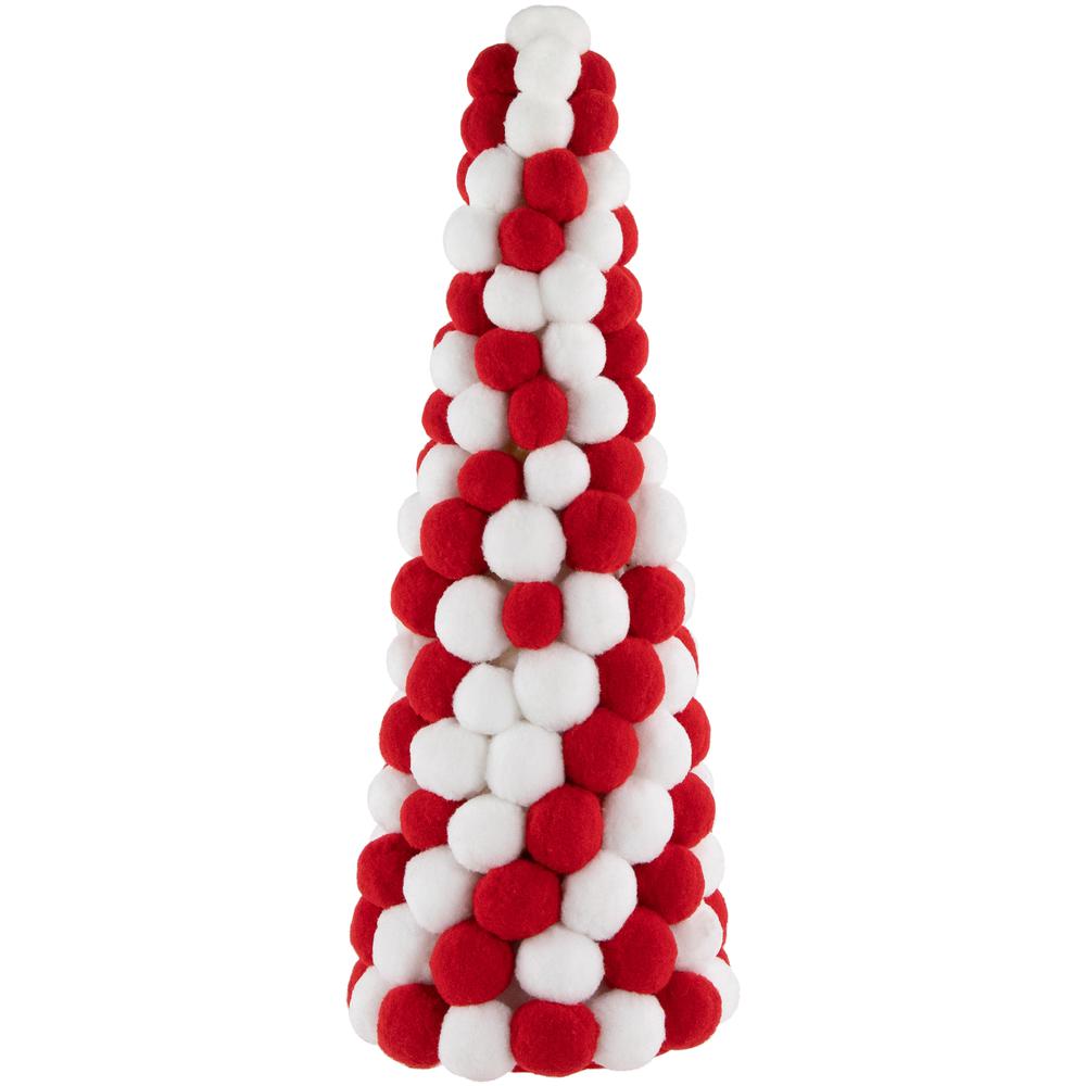 15" Red and White Candy Cane Pom Pom Christmas Tree Table Decoration. Picture 1