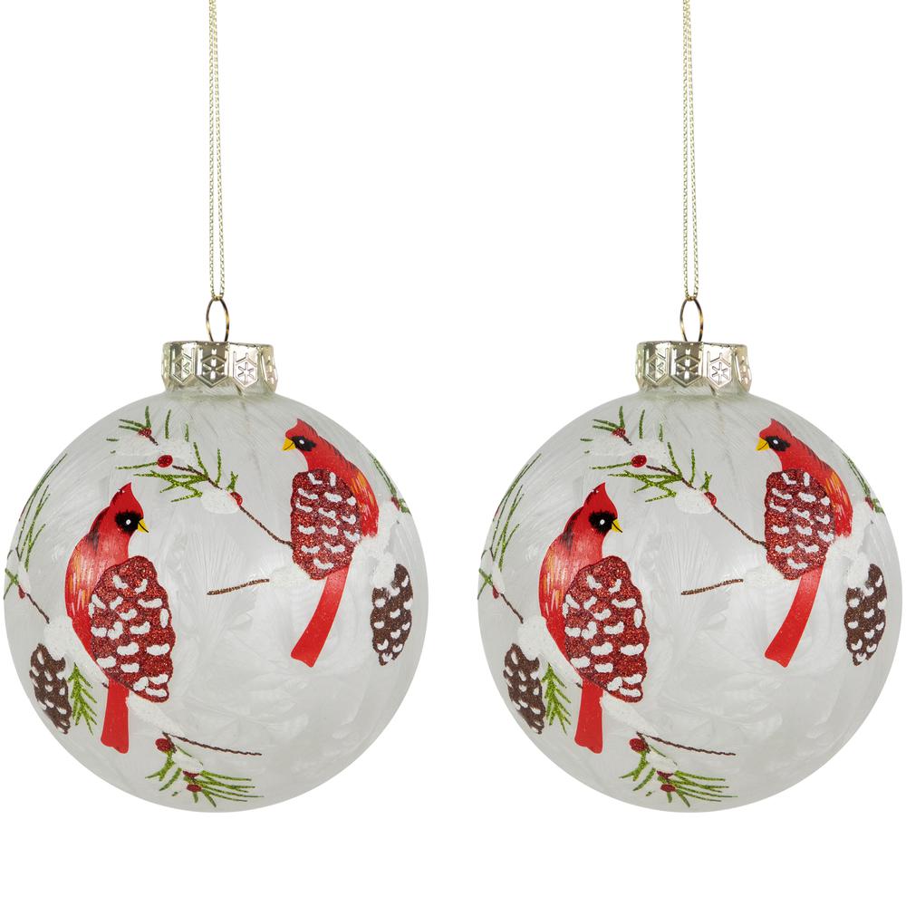 Set of 2 Clear and Red Cardinal Birds Christmas Glass Ball Ornaments 4". Picture 1