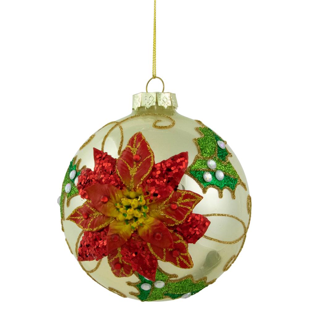 4" Red Glittered 2-D Poinsettia Glass Christmas Ball Ornament. Picture 1
