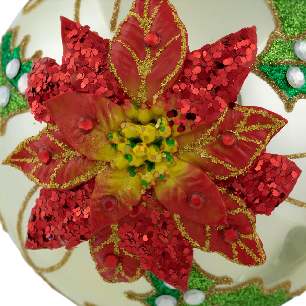 4" Red Glittered 2-D Poinsettia Glass Christmas Ball Ornament. Picture 3