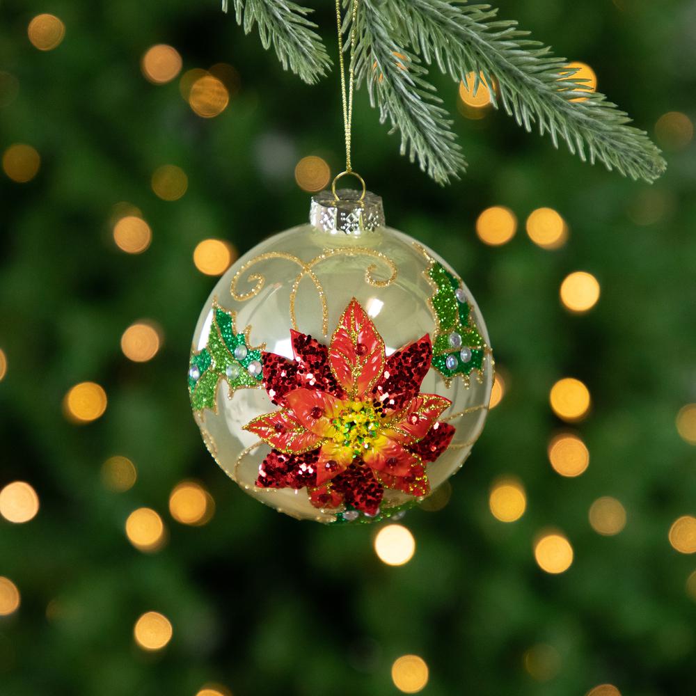 4" Red Glittered 2-D Poinsettia Glass Christmas Ball Ornament. Picture 2
