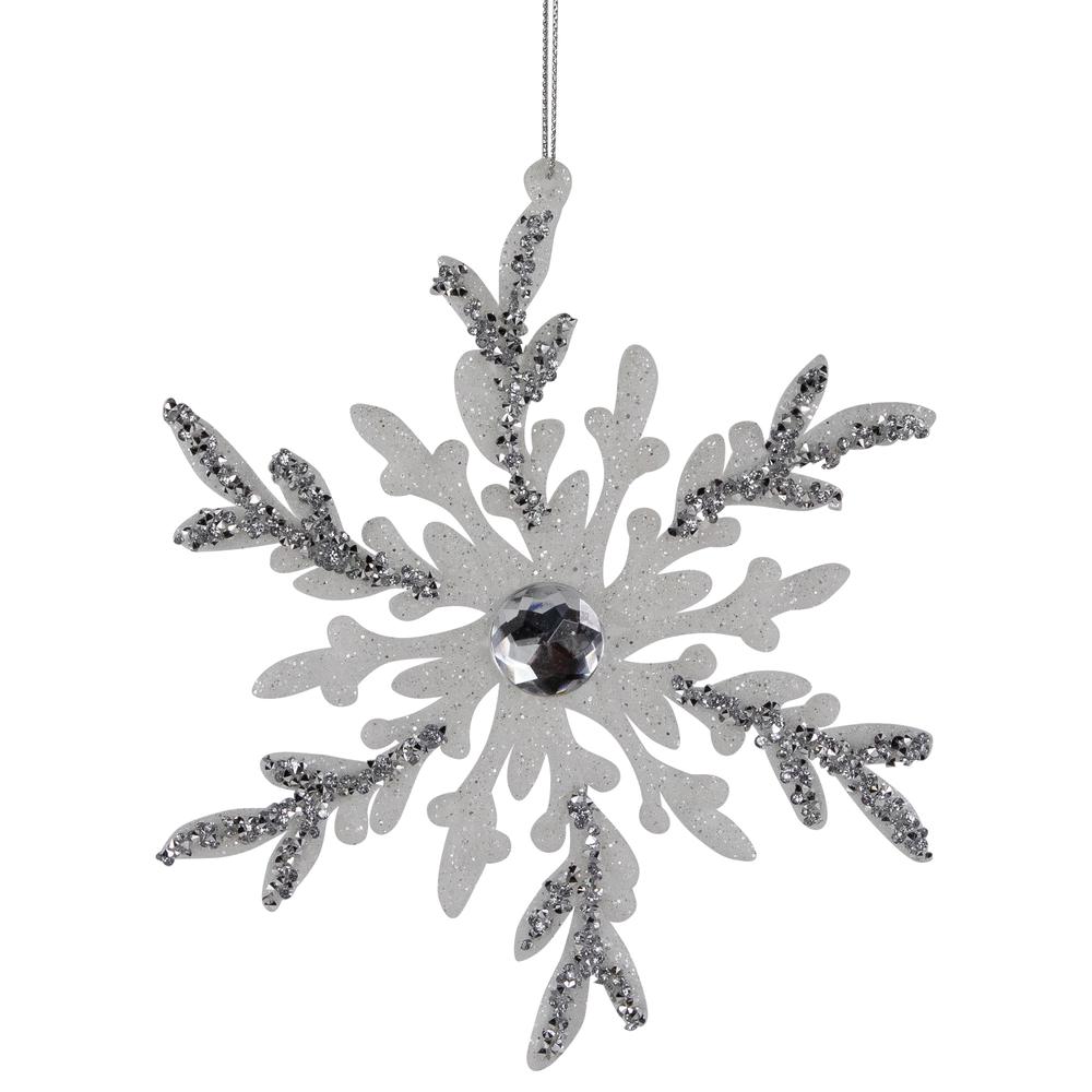Set of 4 White and Silver Glitter Snowflakes Christmas Ornaments 6". Picture 3