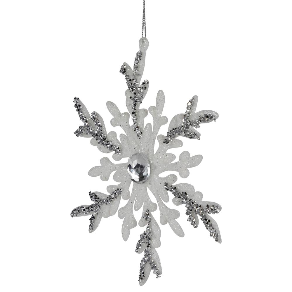 Set of 4 White and Silver Glitter Snowflakes Christmas Ornaments 6". Picture 4