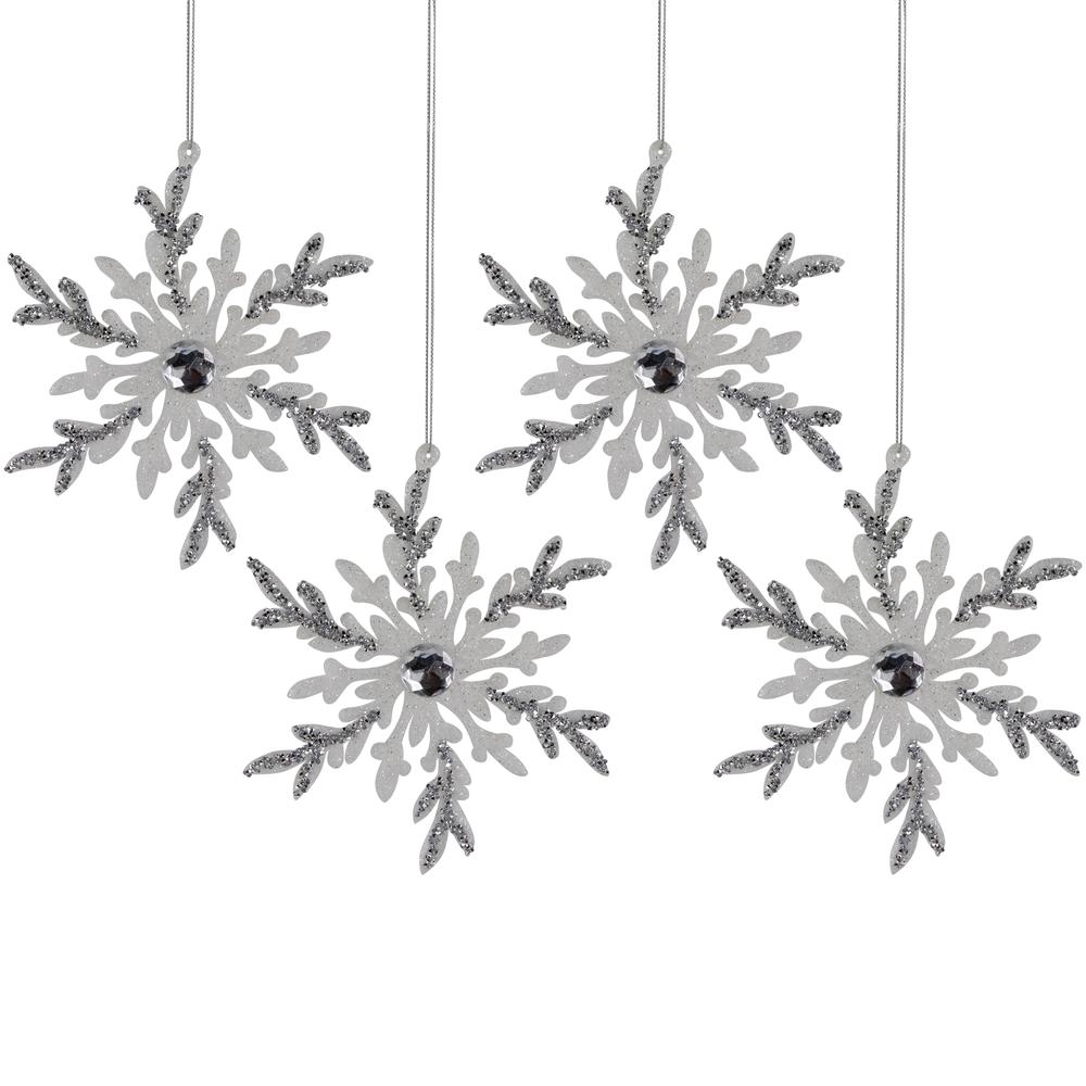 Set of 4 White and Silver Glitter Snowflakes Christmas Ornaments 6". Picture 1