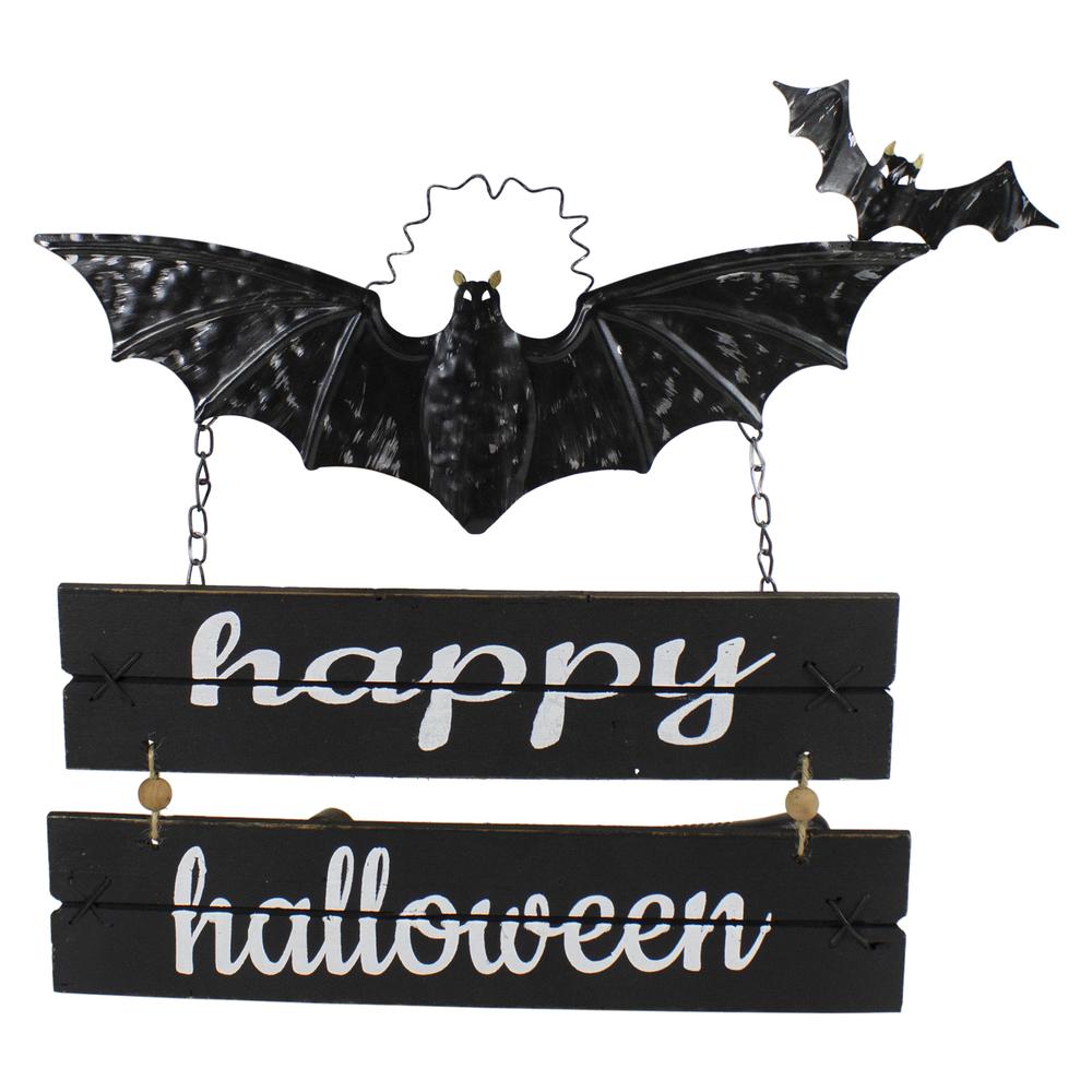 17 Black Bat and Happy Halloween Metal Hanging Sign Wall Decor. Picture 1