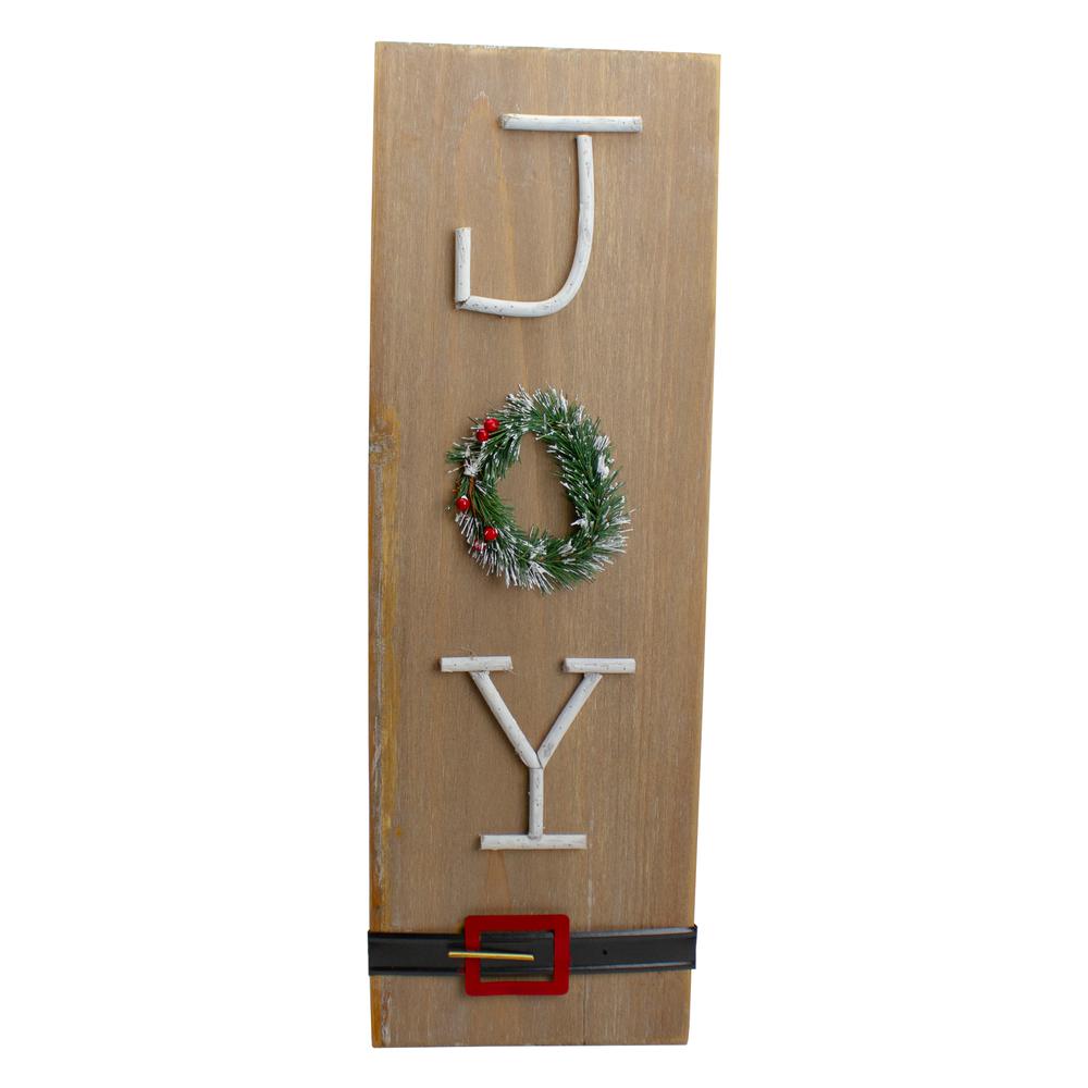 23.75" Vertical Beige Wooden Joy Christmas Sign with Santa's Belt. Picture 1