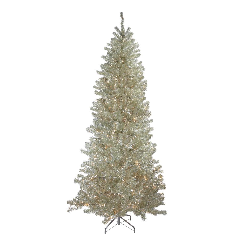 9' Pre-Lit Metallic Sheer Champagne Artificial Tinsel Christmas Tree - Clear Lights. Picture 1