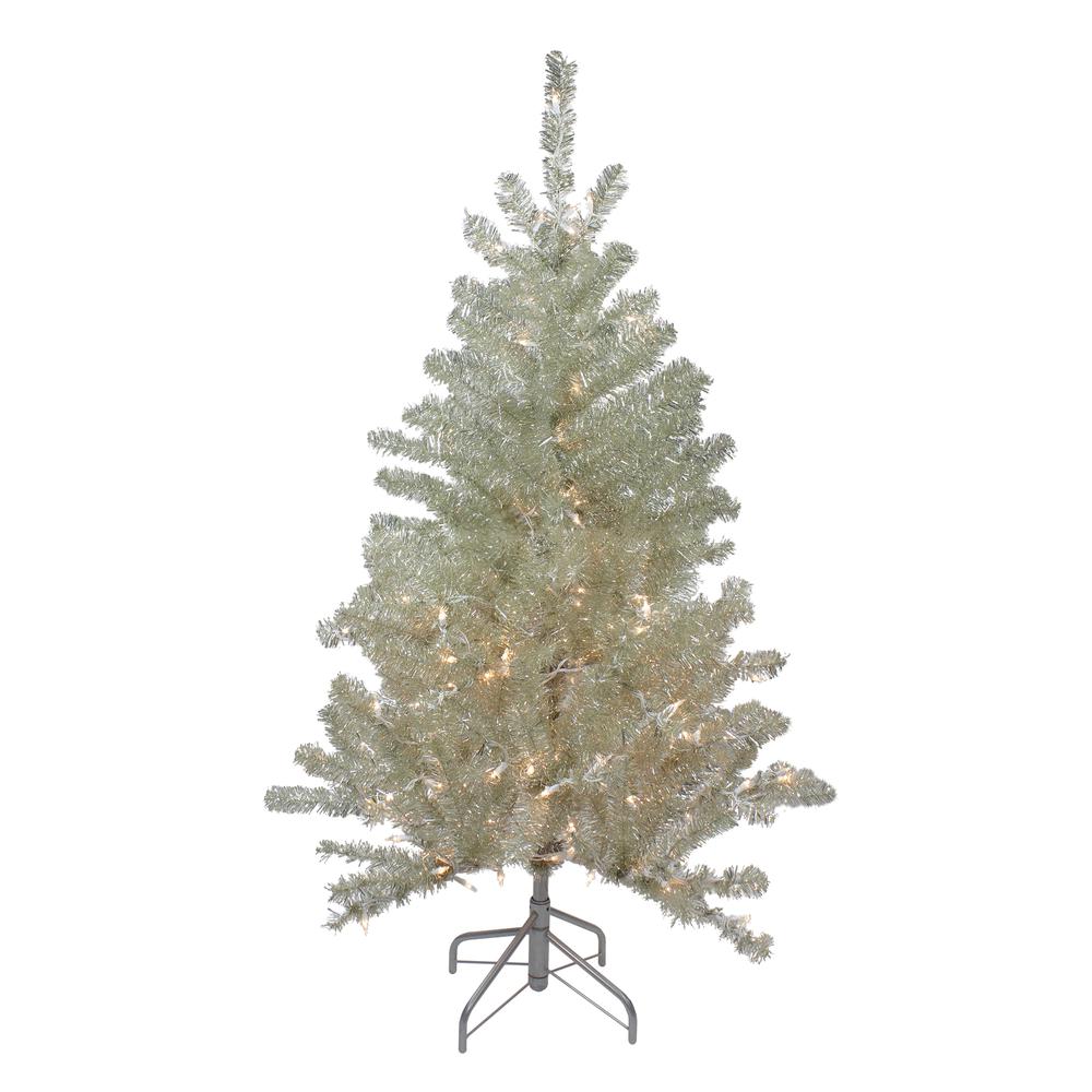4.5' Soft Metallic Champagne Artificial Tinsel Christmas Tree - Clear Lights. Picture 1