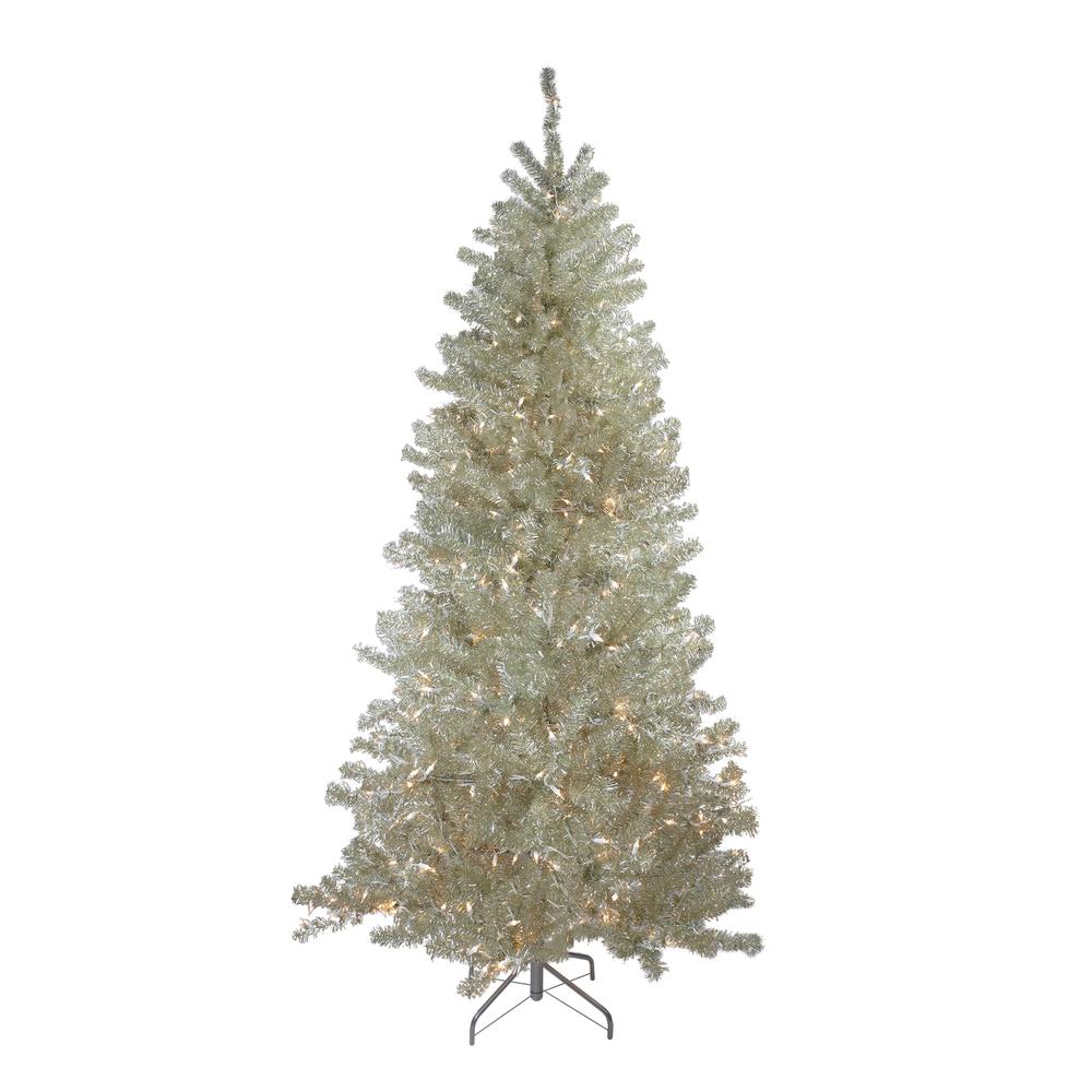 Metallic Platinum Artificial Tinsel Christmas Tree - 7 ft Clear Lights. Picture 1