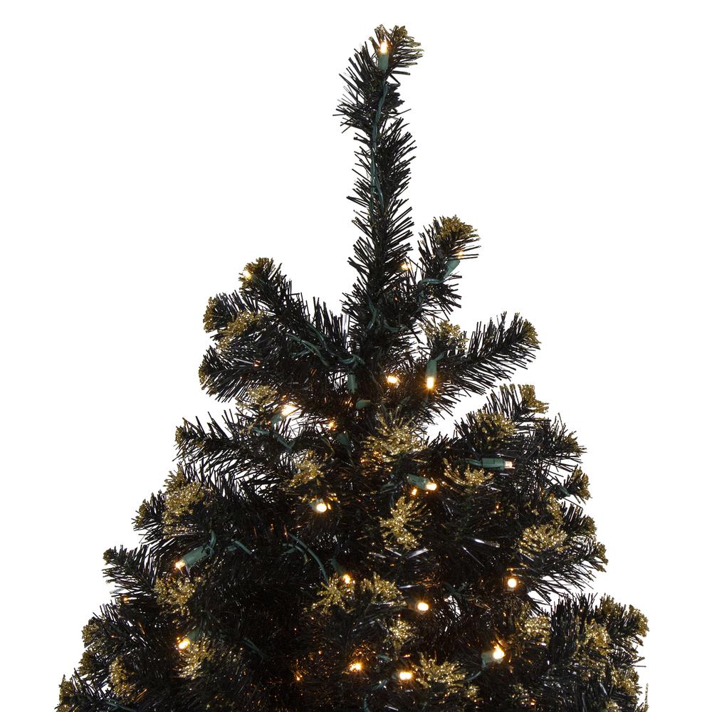 LED Black Crystal Pine with Gold Glitter Christmas Tree - 7.5 ft Clear Lights. Picture 4