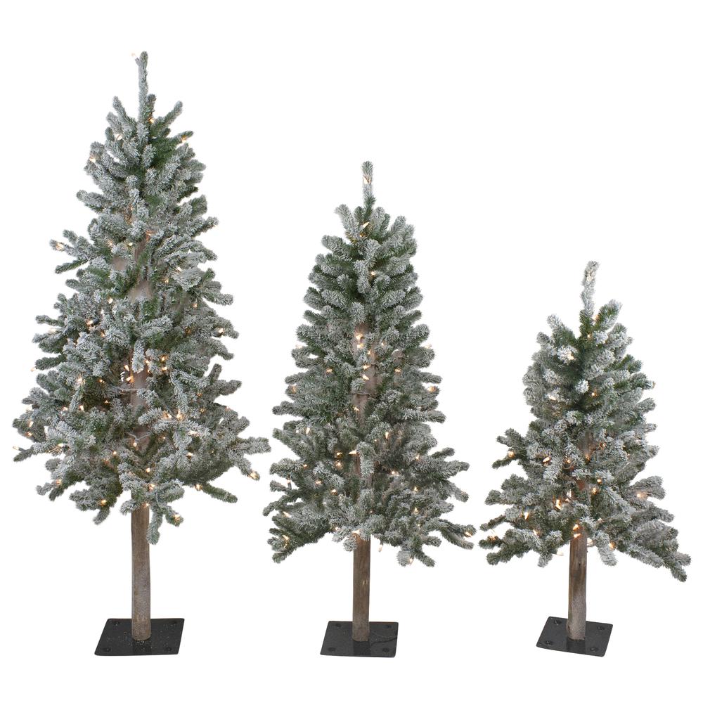 Set of 3 Pre-Lit Slim Flocked Alpine Artificial Christmas Trees 5' -Clear Lights. Picture 1
