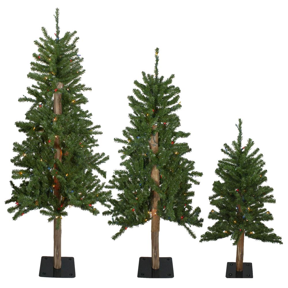 Set of 3 Pre-Lit Slim Alpine Artificial Christmas Trees 5' - Multicolor Lights. Picture 1