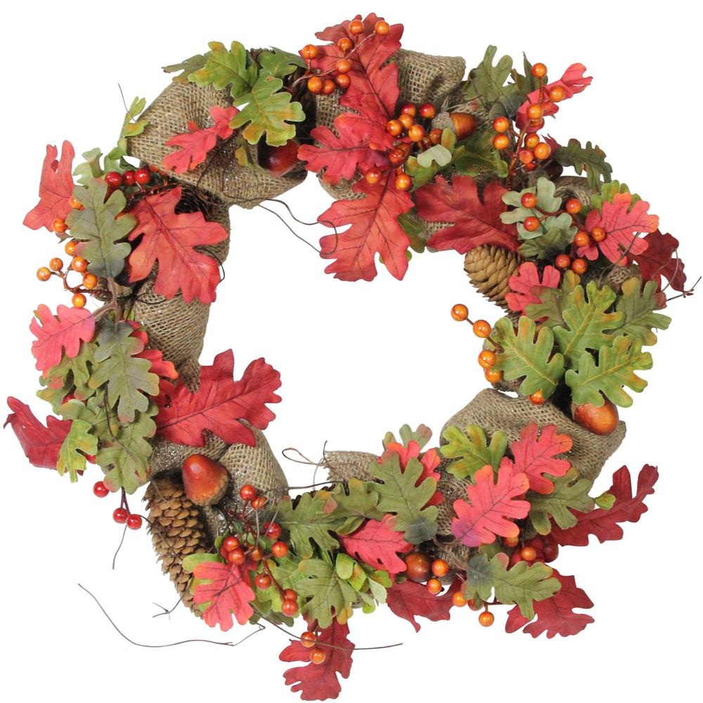 Autumn Harvest Acorn Berry and Burlap Rustic Thanksgiving Wreath  18-Inch. Picture 2