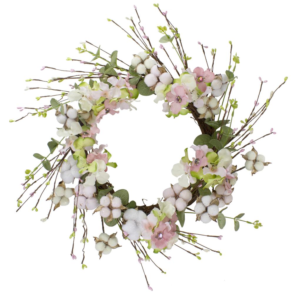 18-Inch Pink and Green Hydrangeas with Cotton Artificial Floral Wreath. Picture 1