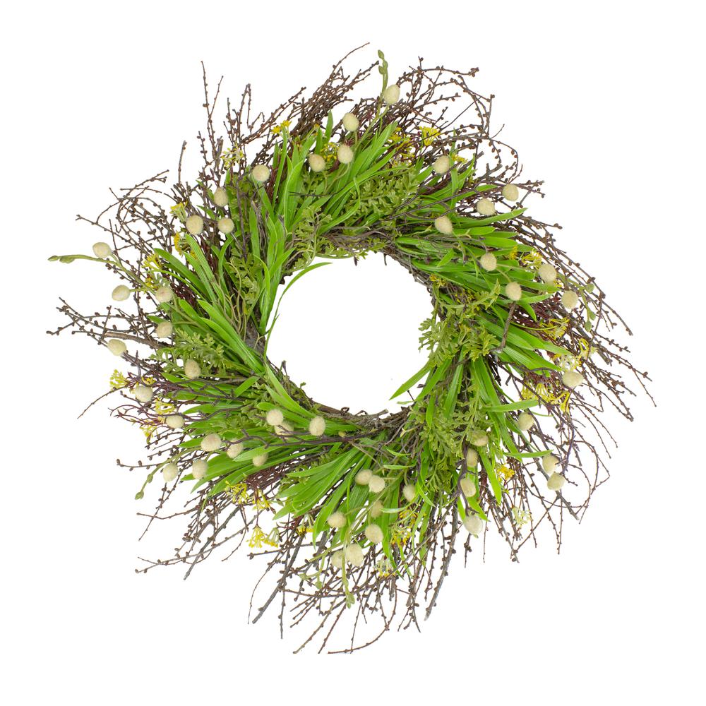Burrs and Brush Artificial Floral Spring Wreath  Green and Yellow - 18-Inch. Picture 1