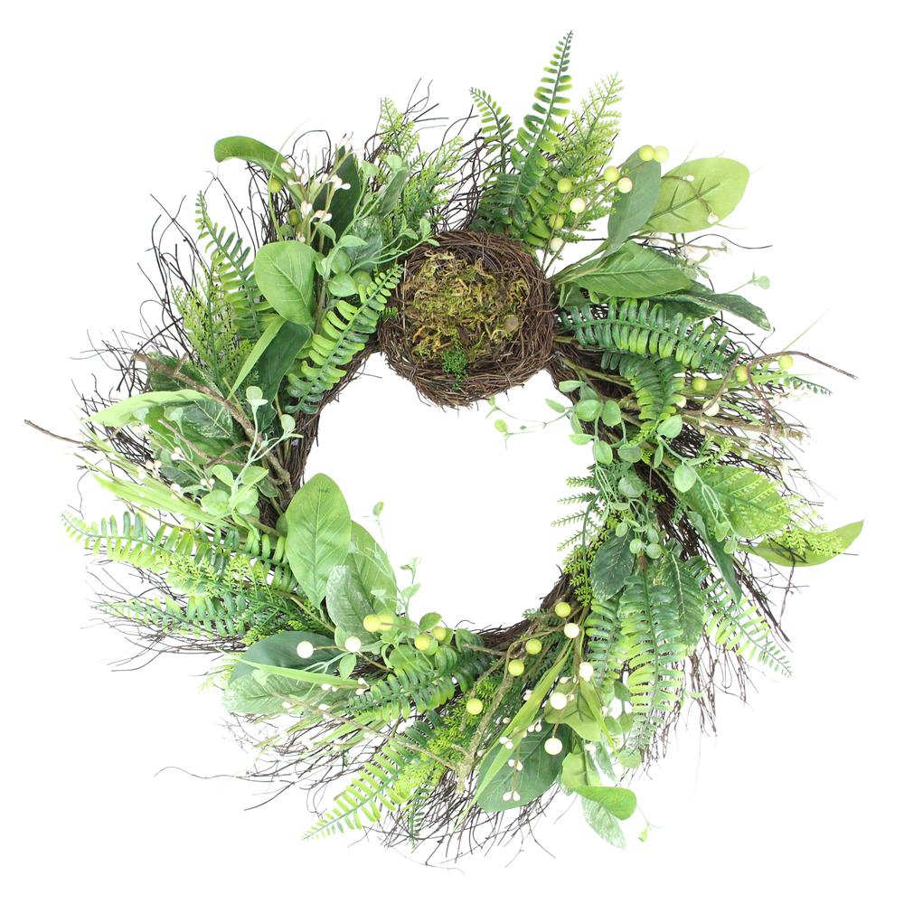 Green and Brown Foliage Artificial Spring Wreath with Nest - 24-Inch  Unlit. Picture 1
