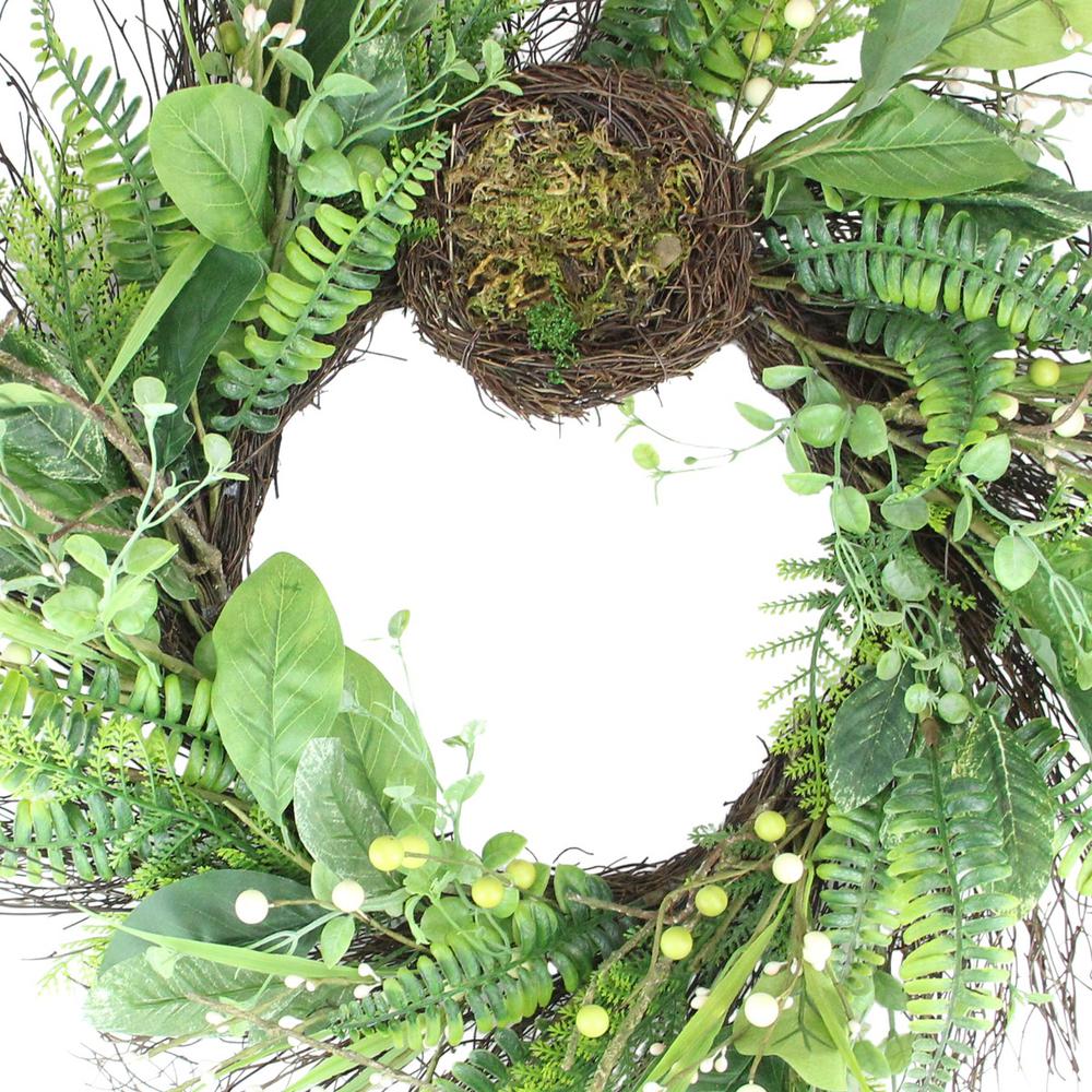 Green and Brown Foliage Artificial Spring Wreath with Nest - 24-Inch  Unlit. Picture 3