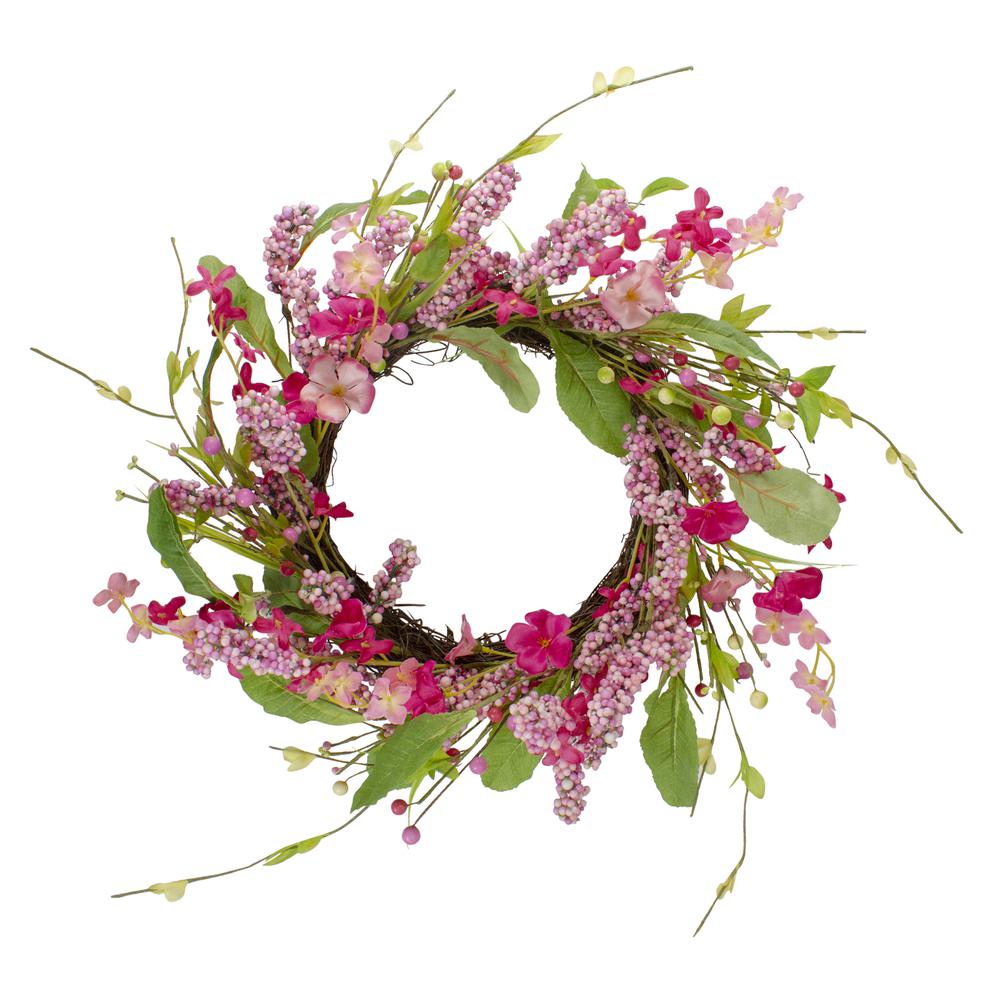 Geranium and Berry Artificial Spring Floral Wreath  Pink - 18-Inch. Picture 1