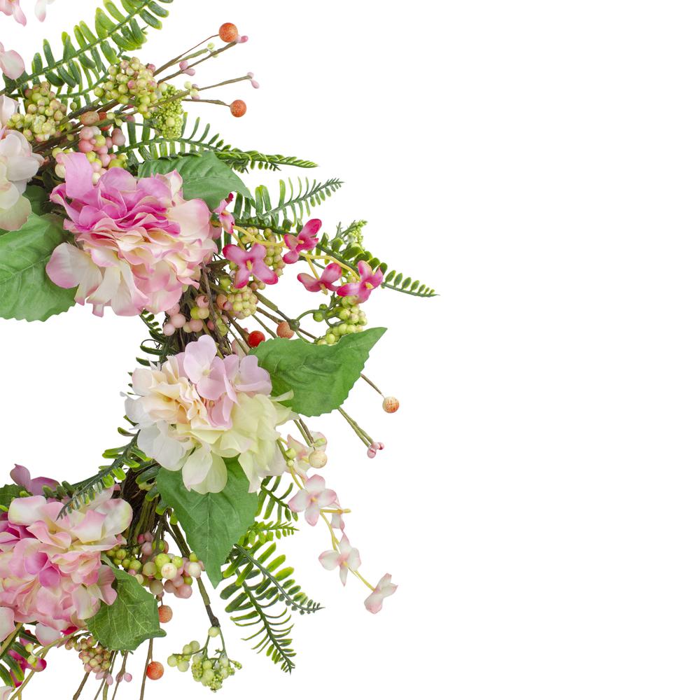 Hydrangea  Berry and Fern Artificial Spring Floral Wreath  Pink - 20-Inch. Picture 2