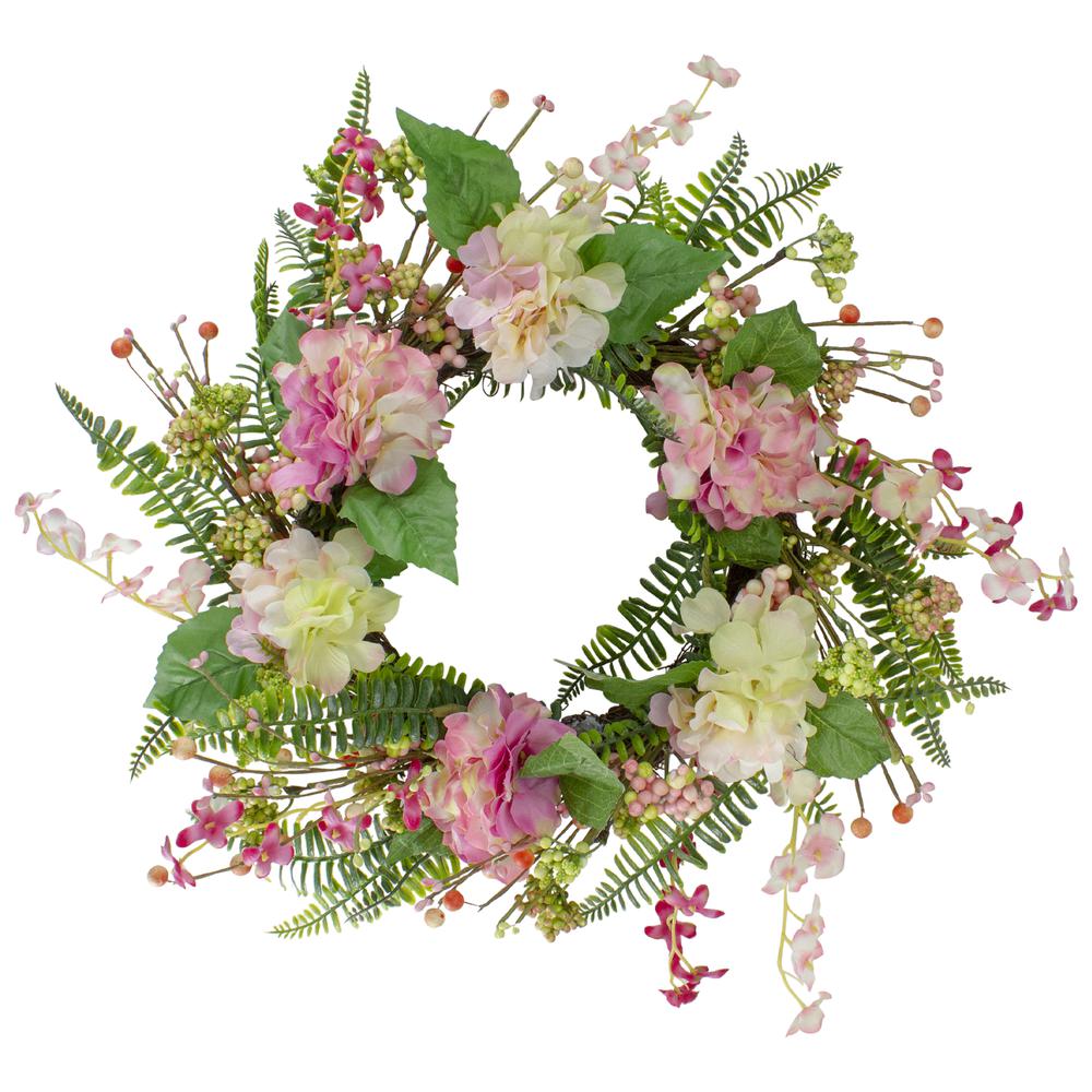 Hydrangea  Berry and Fern Artificial Spring Floral Wreath  Pink - 20-Inch. Picture 1