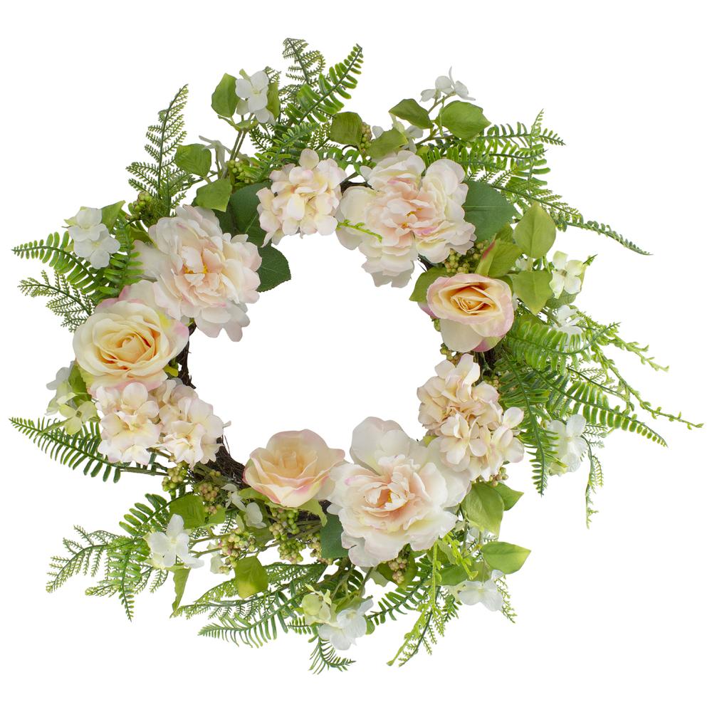 Rose and Peony Fern Artificial Floral Spring Wreath  Pink - 24-Inch. Picture 1