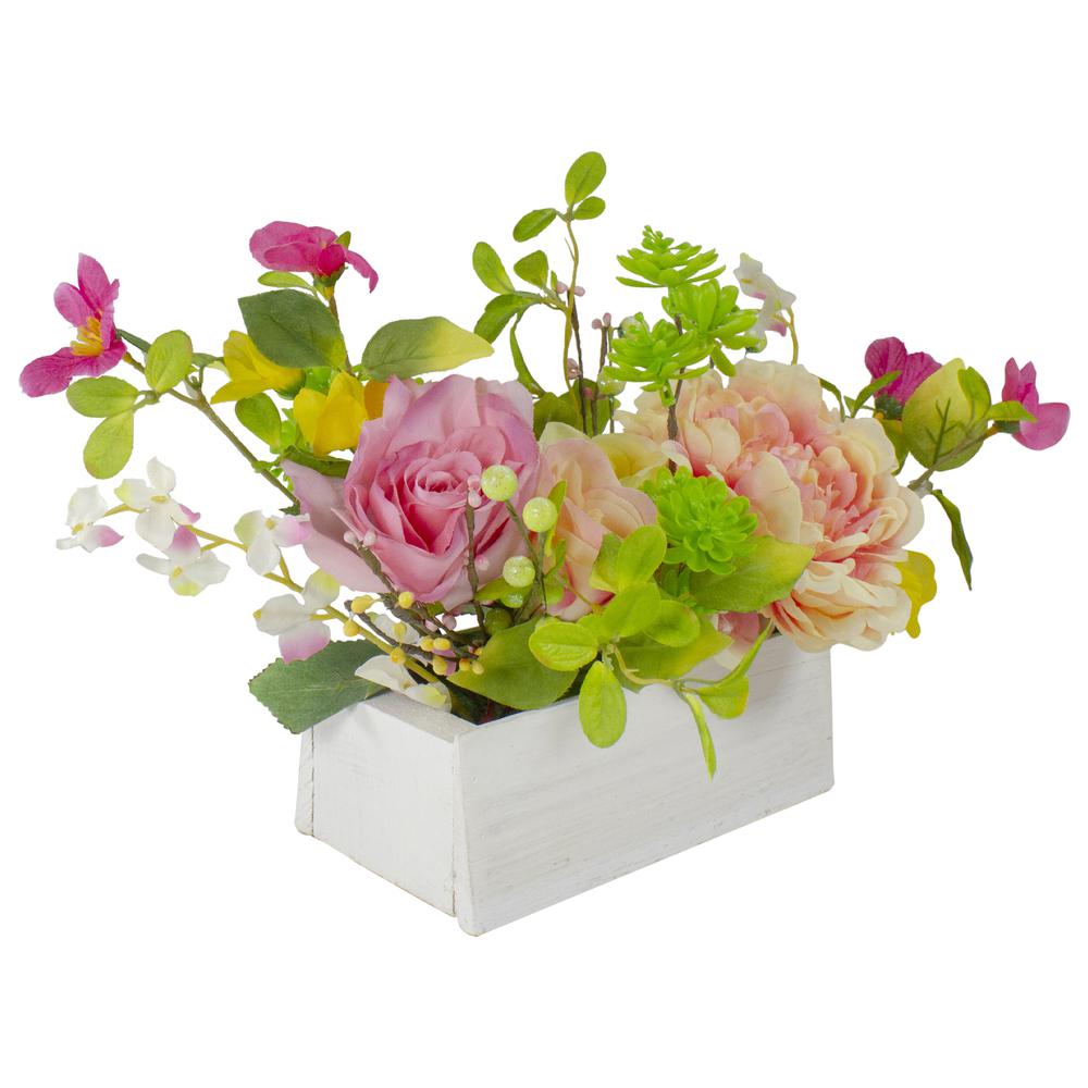 14-Inch Pink and Yellow Artificial Roses and Peony Floral  Arrangement in Planter. Picture 2
