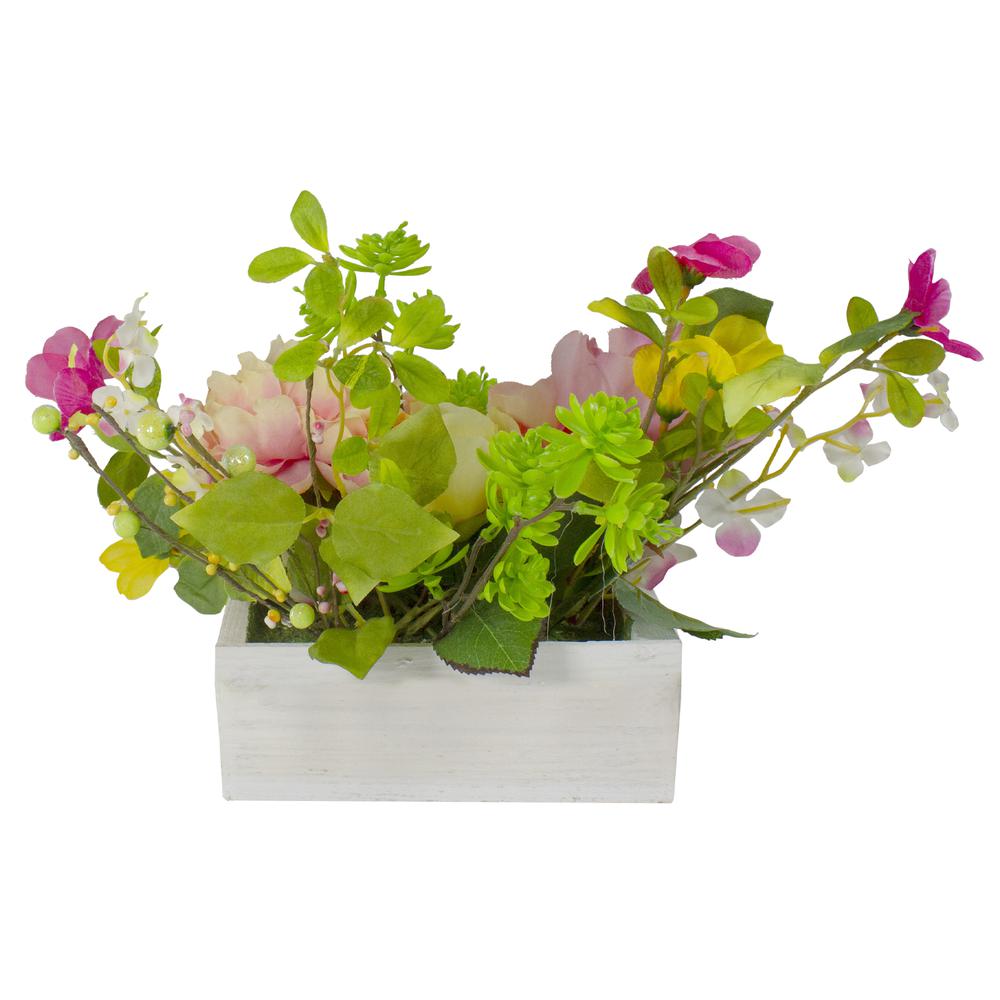 14-Inch Pink and Yellow Artificial Roses and Peony Floral  Arrangement in Planter. Picture 4