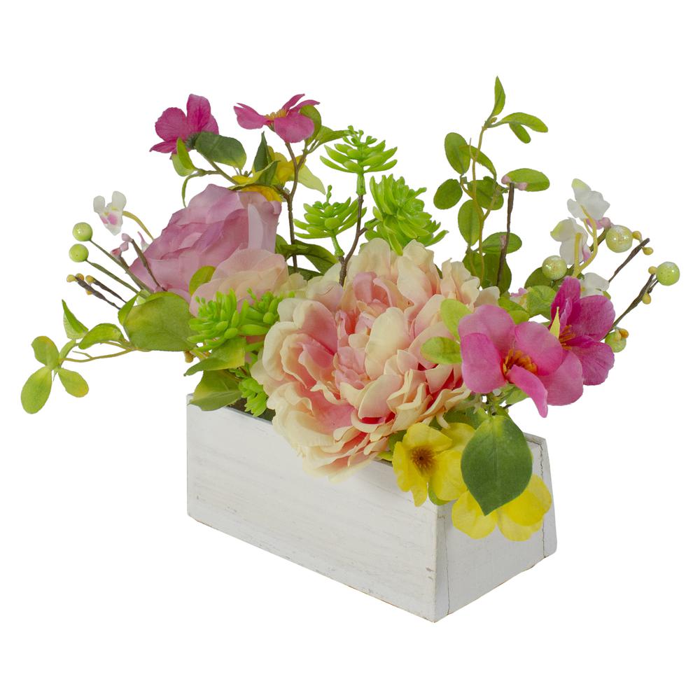14-Inch Pink and Yellow Artificial Roses and Peony Floral  Arrangement in Planter. Picture 3