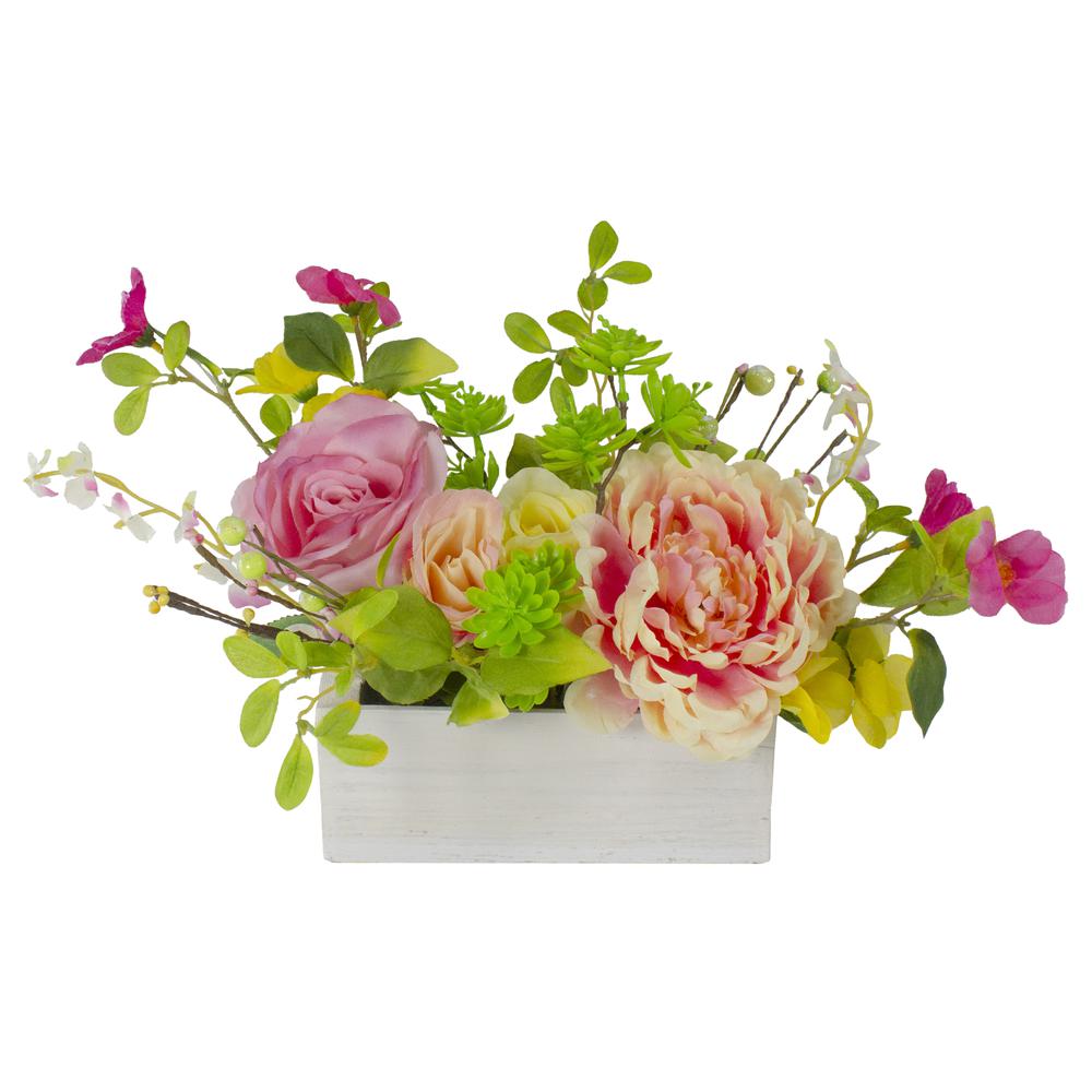 14-Inch Pink and Yellow Artificial Roses and Peony Floral  Arrangement in Planter. Picture 1
