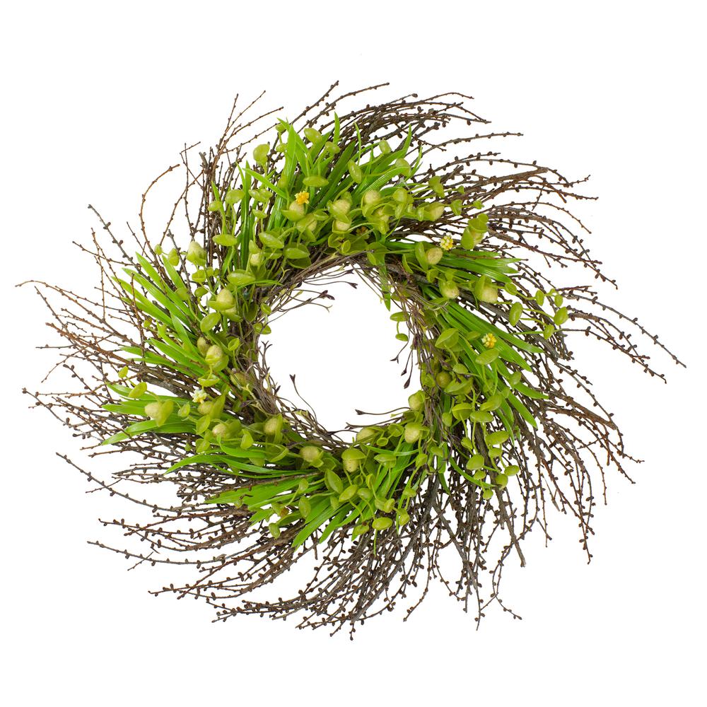 20-Inch Green and Yellow Flower Buds  Leaves and Twigs Artificial Floral Wreath. Picture 1