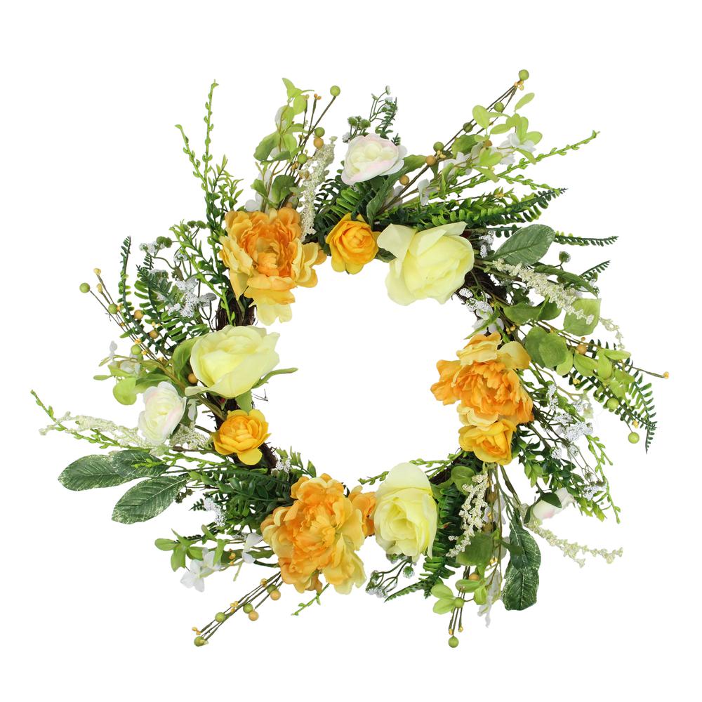 Hydrangea and Rose Artificial Floral Wreath  Yellow 24-Inch. Picture 1