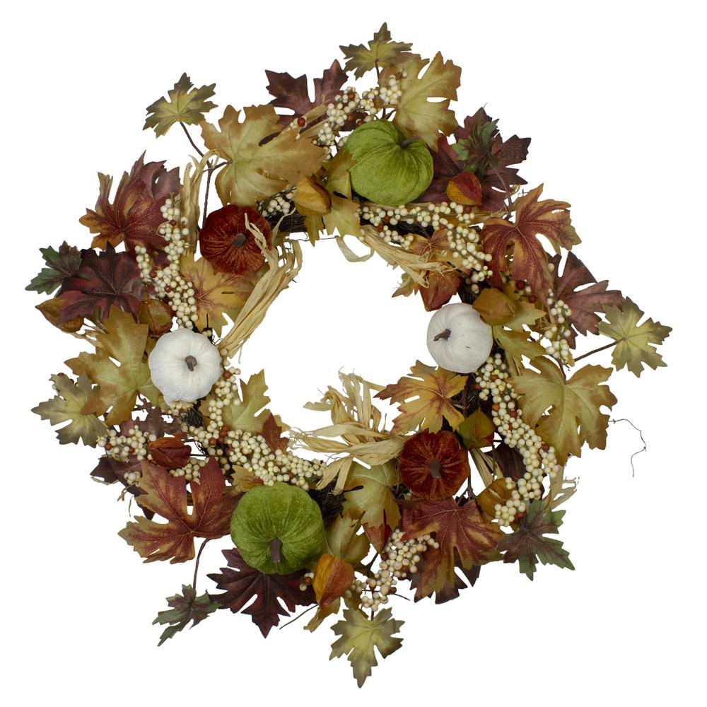Green Pumpkins and Straw Artificial Fall Harvest Wreath - 24 inch  Unlit. Picture 1