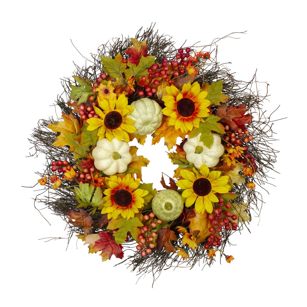 Sunflowers and Gourds Artificial Thanksgiving Wreath - 26-Inch  Unlit. Picture 1
